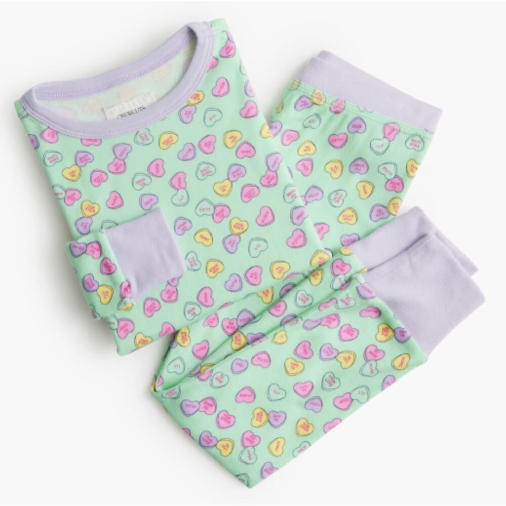 Crewcuts Girl's Hearts Allover Print Pajama Set 100% Cotton Winter Green